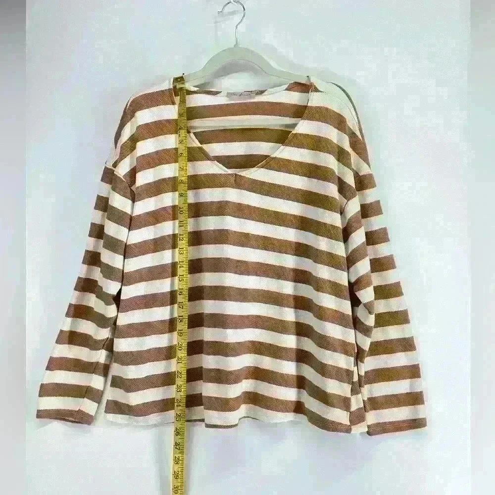 XL CES FEMME Women Fall Stripe Top Long Sleeve Orange White A8 - Picture 2 of 7